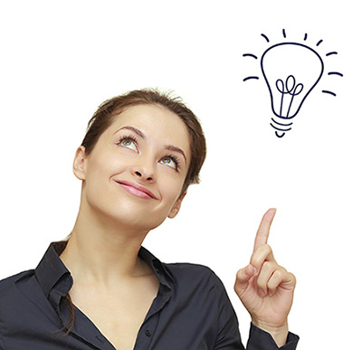 Beautiful business woman with idea light bulb above hand isolate